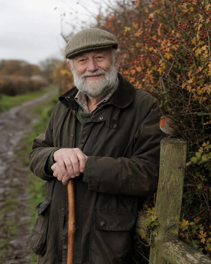 Grandad Ray, an older man in a flat cap holding a mug, smiling.