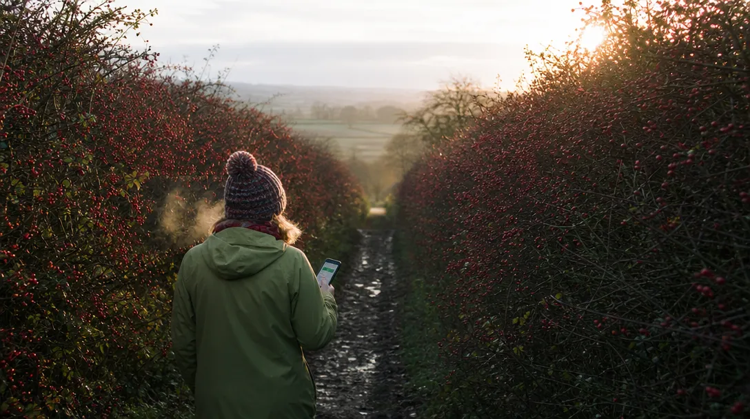 A walker on a muddy track at dawn, phone in hand, between two tall autumn hedgerows heavy with berries.