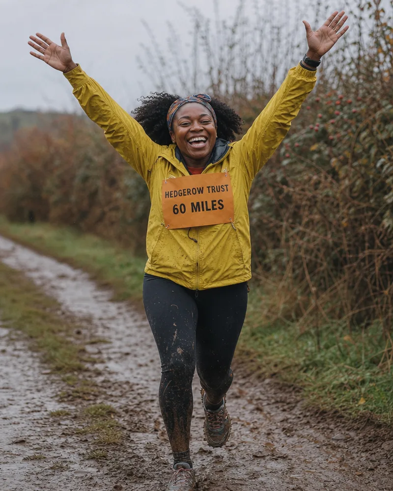 Sunny, a Black British woman in her thirties in a yellow rain jacket, arms up.