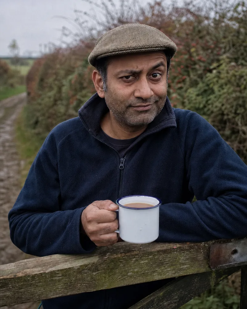 Vic, a British South Asian man in his forties in a flat cap, leaning on a farm gate with a mug of tea.